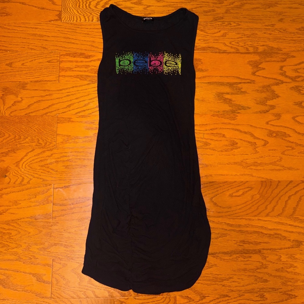 Bebe Womens Black Ribbed Bodycon Mini Dress Rainbow Rhinestone Logo Medium Ruche